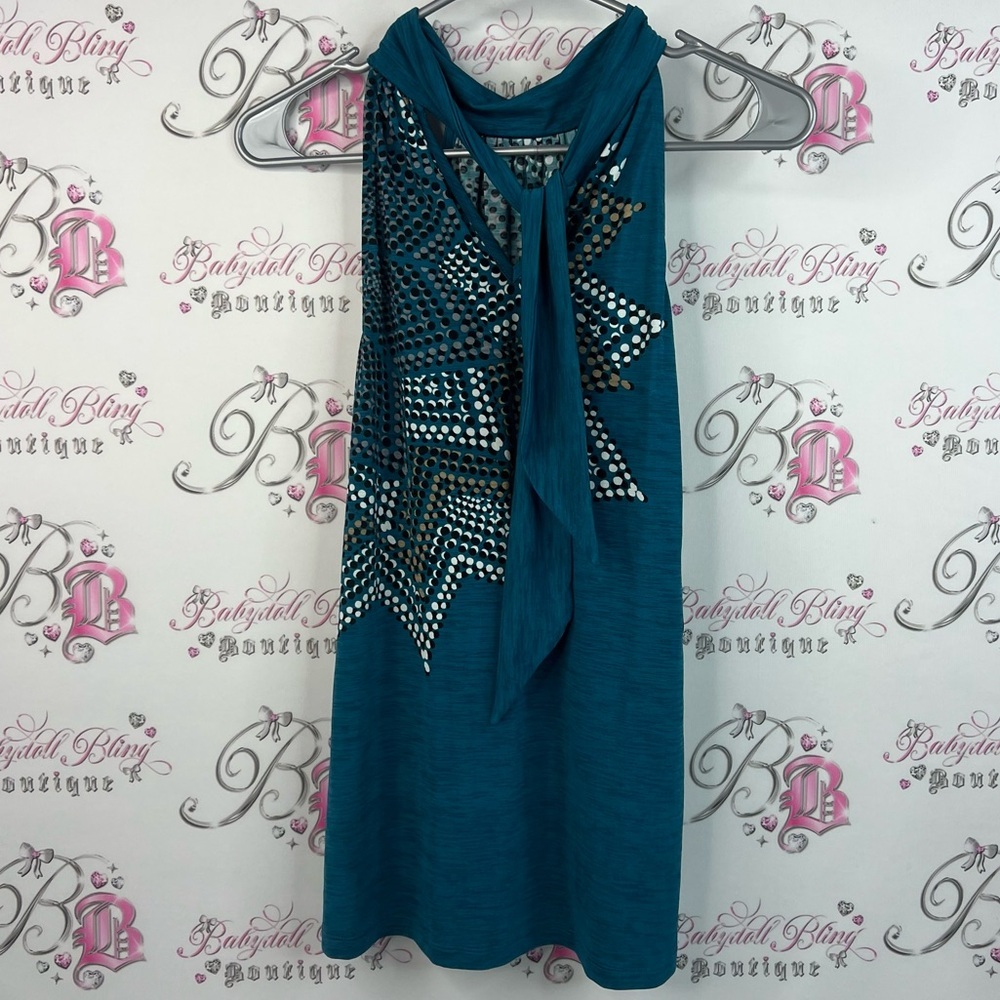 Le Chateau tank top tie up ribbon Aztec floral Teal Tank Top with Silver Accents